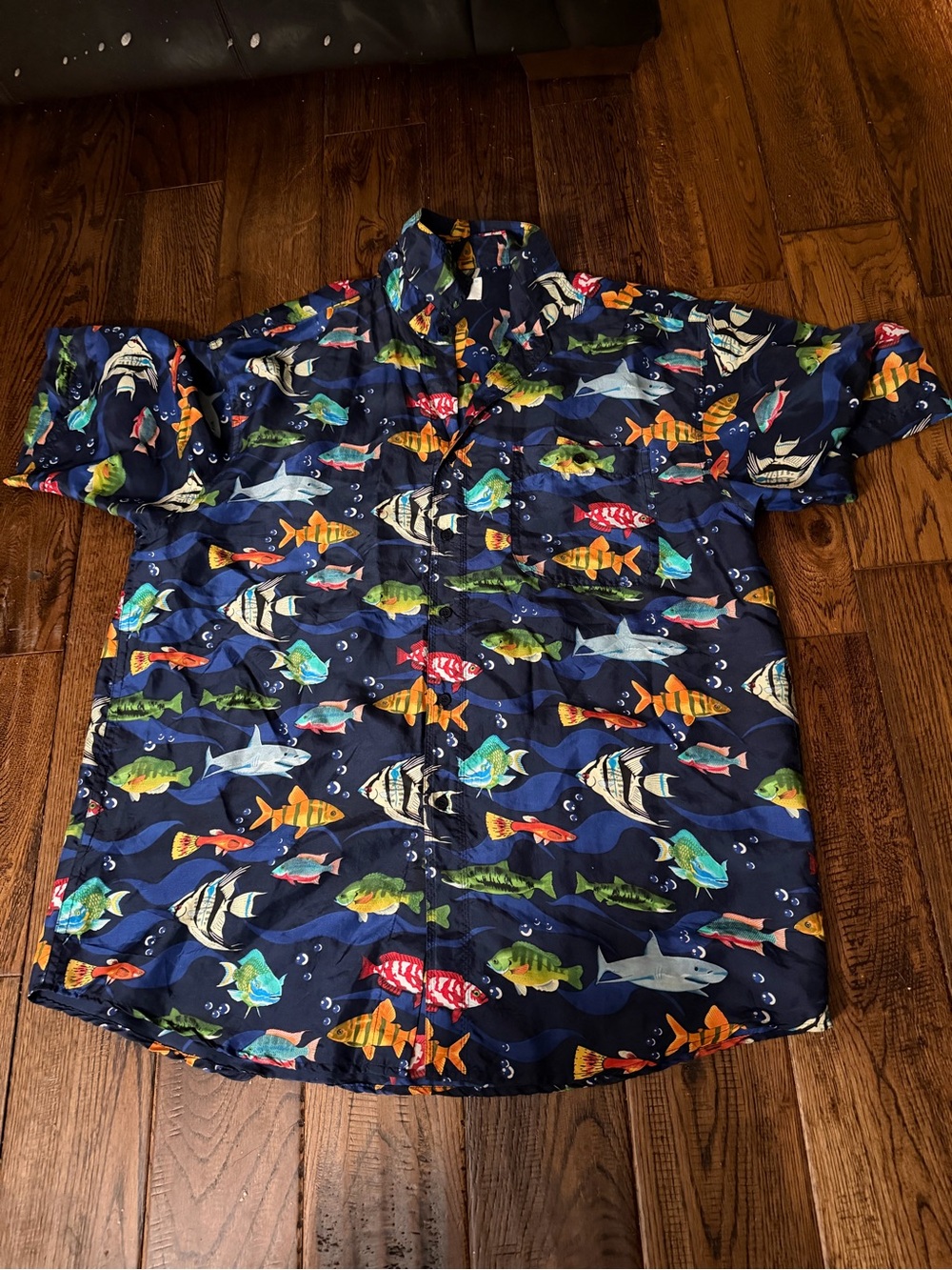 WHITBY Navy Silk Shirt with Multicolored Fish Print Men’s Size XL